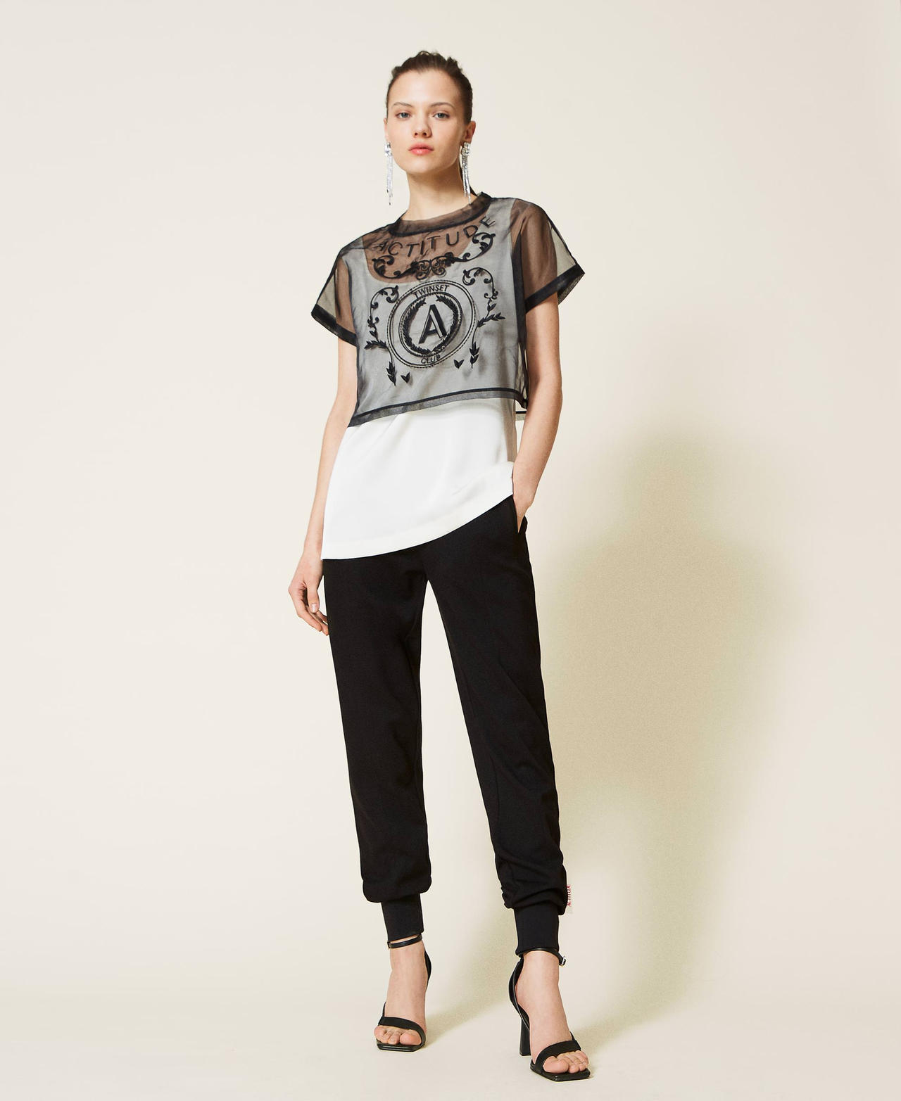 Organza and twill cropped top Two-tone Black / Pale Cream Woman 221AT2132-02