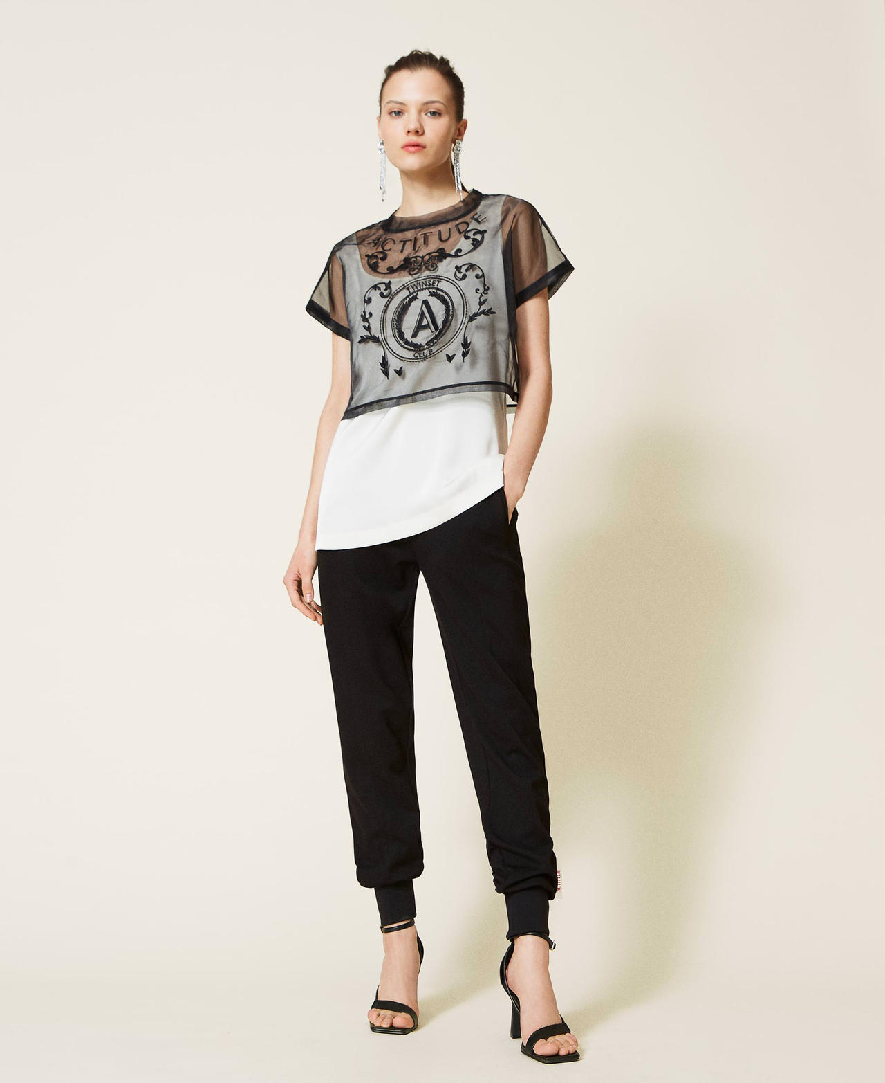 Top cropped en twill doublé d’organza