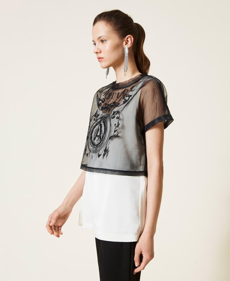 Organza and twill cropped top Two-tone Black / Pale Cream Woman 221AT2132-03