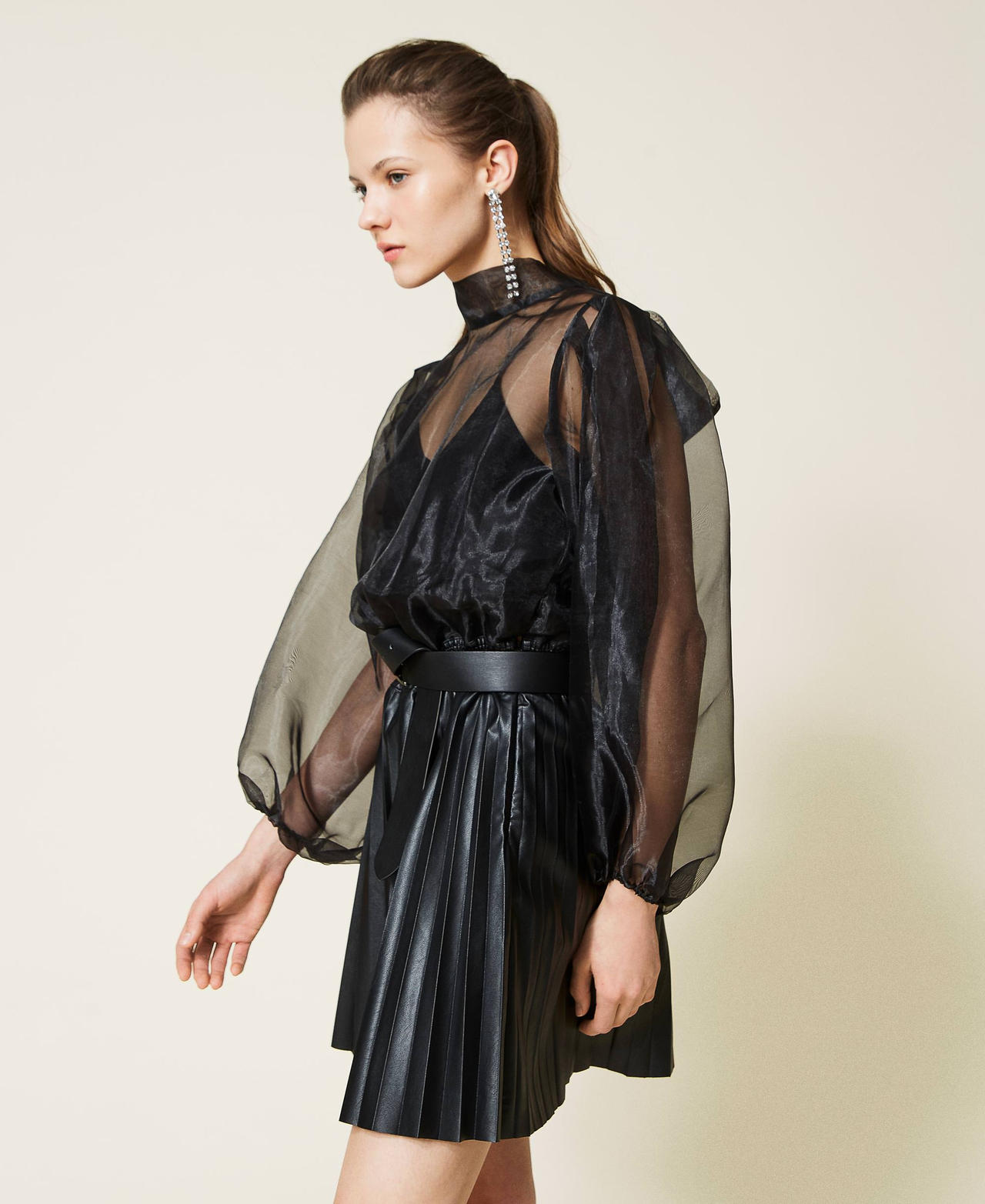 Платье из органзы и ткани с покрытием Черный женщина 221AT2140-03