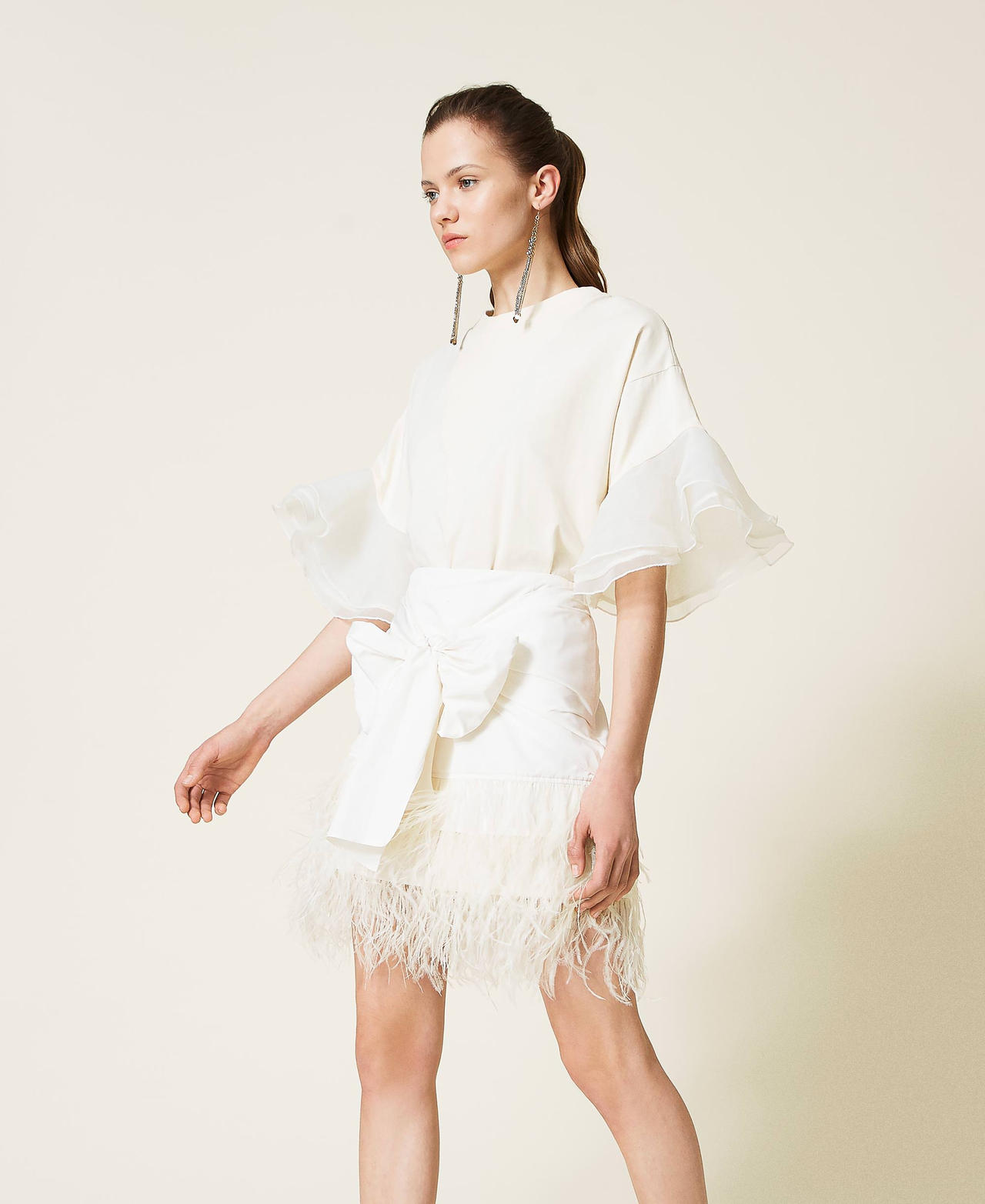Boxy t-shirt with organza sleeves Pale Cream Woman 221AT2150-03