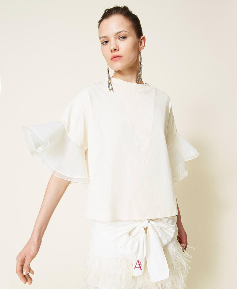 Camiseta boxy con mangas de organza Blanco crema Mujer 221AT2150-07