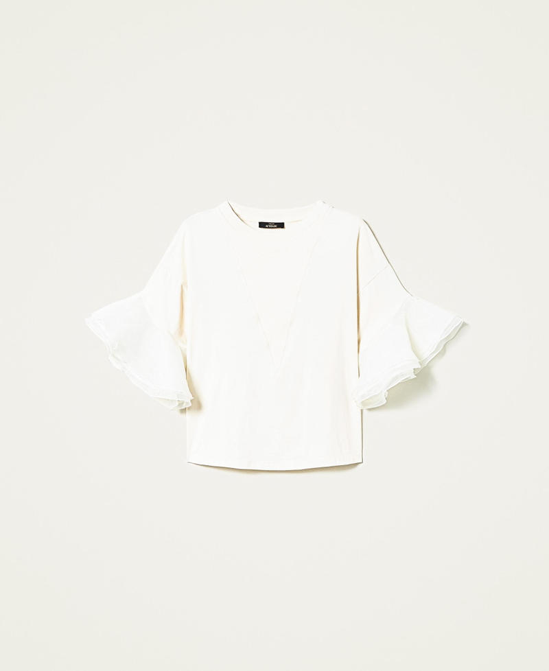 Camiseta boxy con mangas de organza Blanco crema Mujer 221AT2150-0S