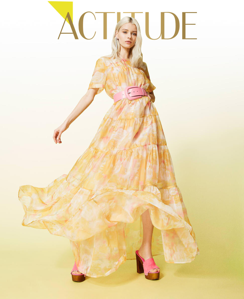 Robe longue en organza imprim&eacute;