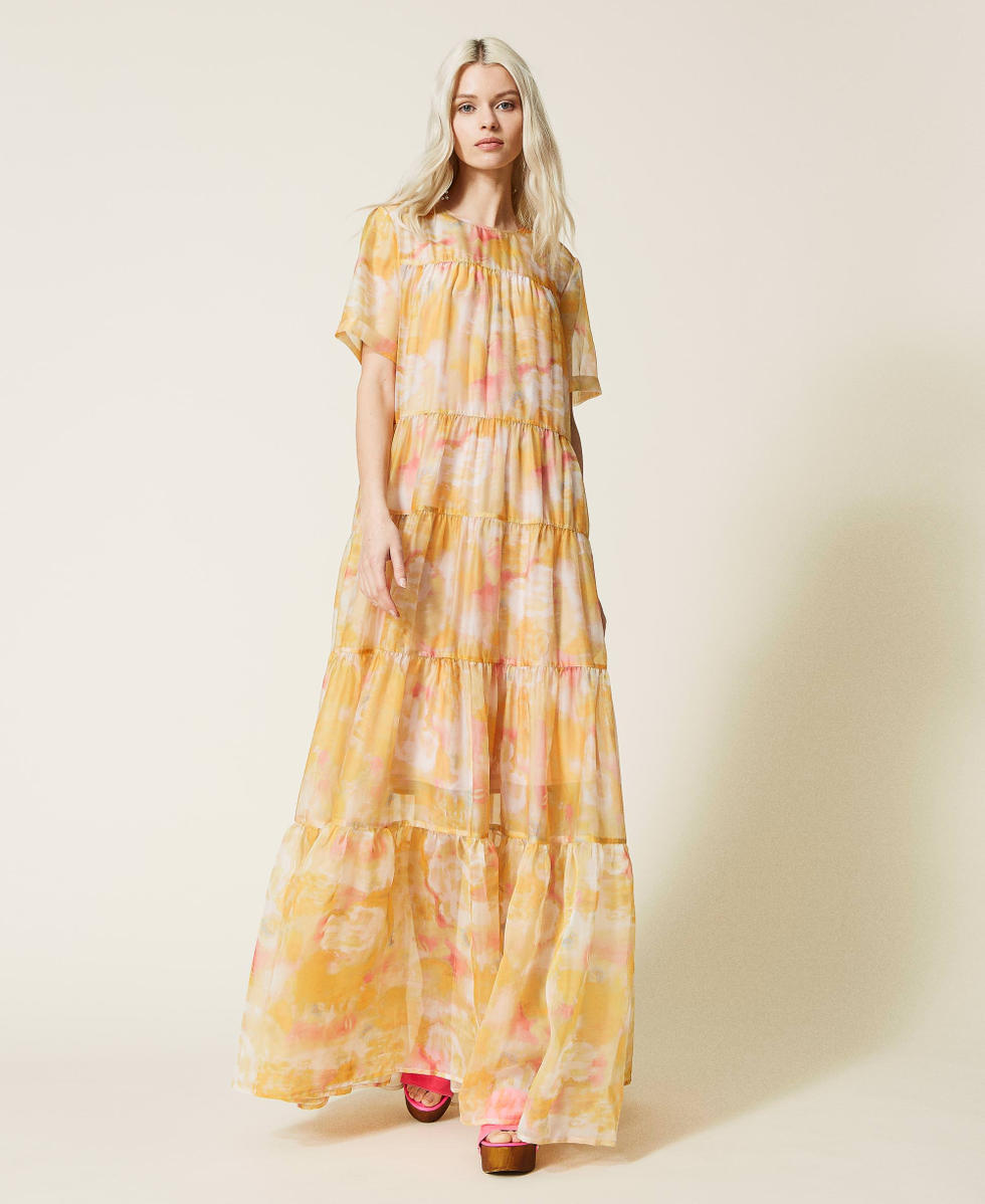 Robe longue en organza imprim&eacute;
