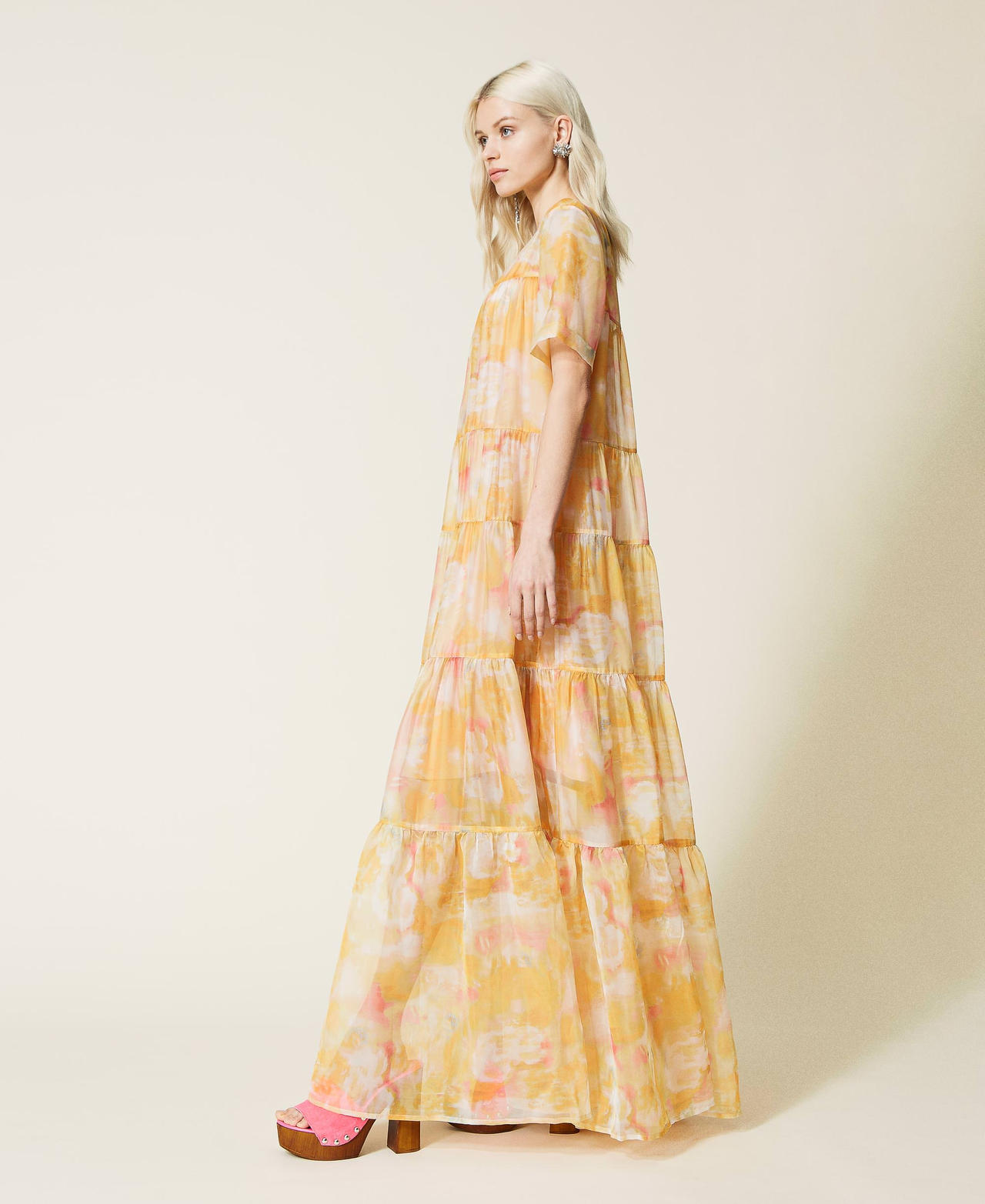 Printed organza long dress Vivid Yellow Nuances Woman 221AT2154-03