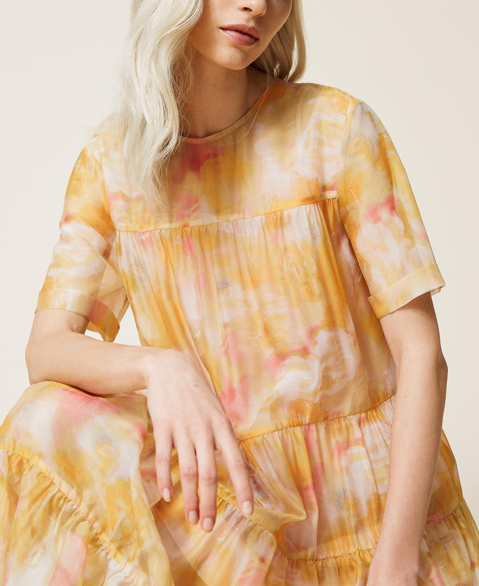 Robe longue en organza imprim&eacute;