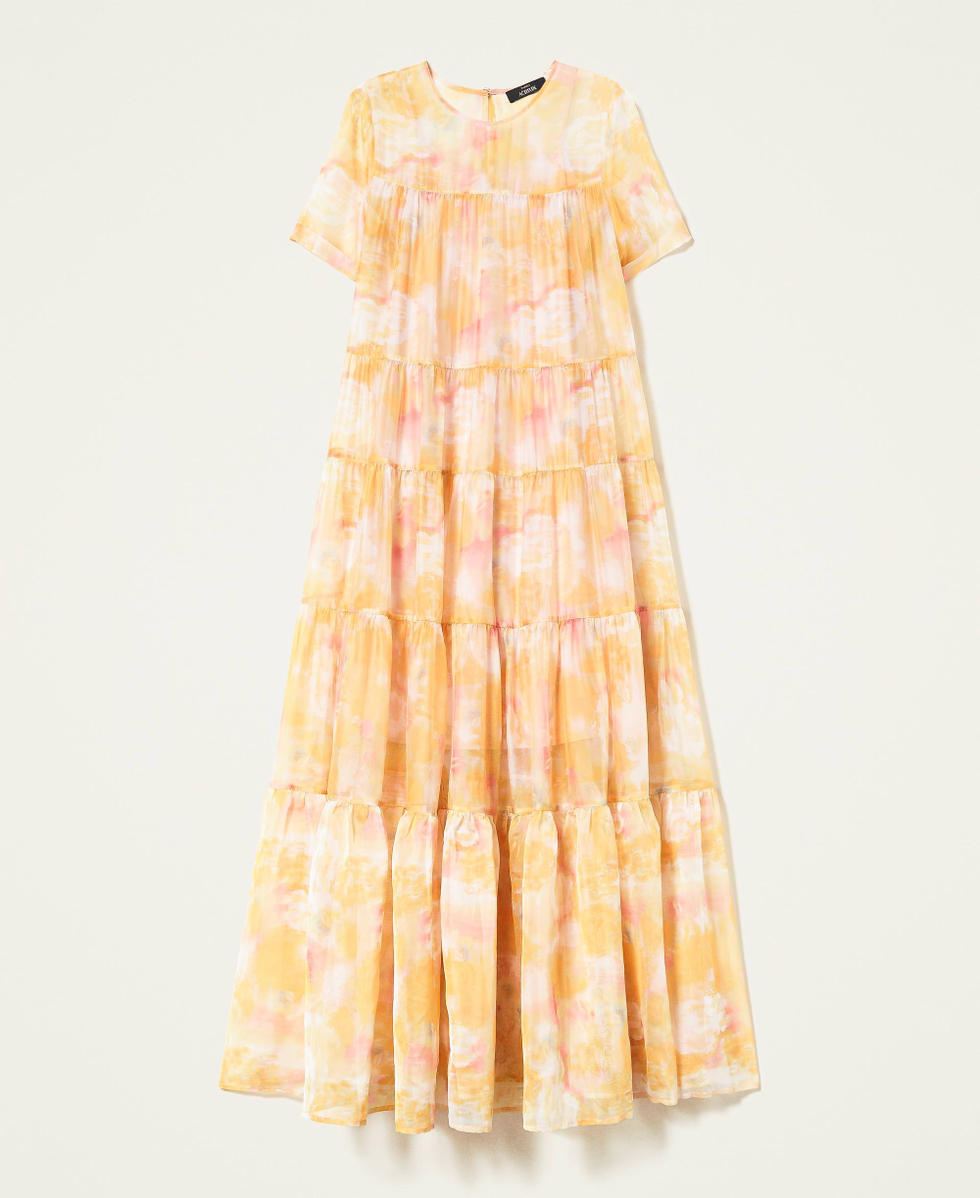Robe longue en organza imprim&eacute;