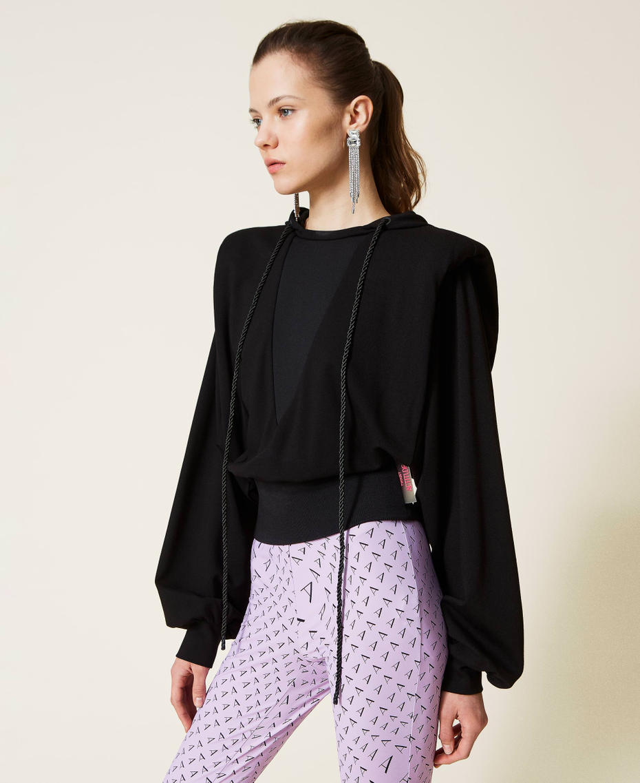 Hoodie with shoulder pads and drawstring Black Woman 221AT2161_00006_03