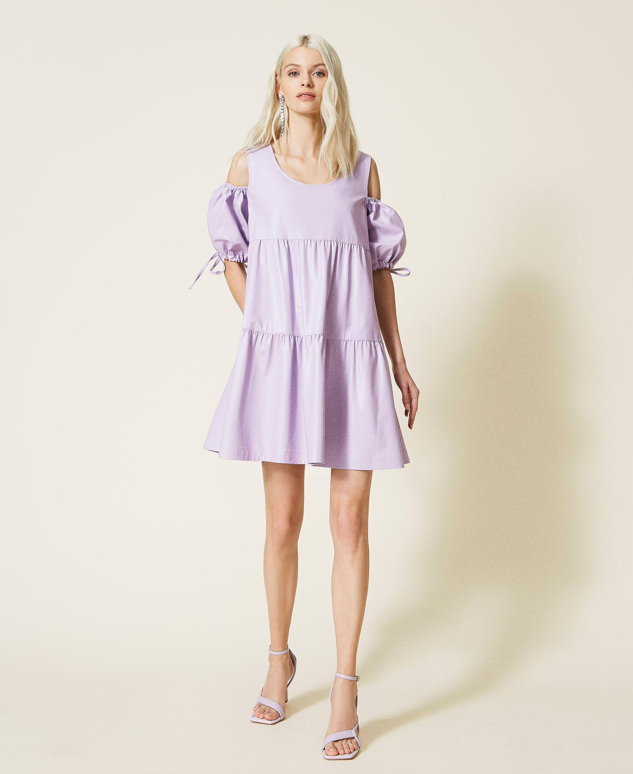 Coated fabric dress with flounces