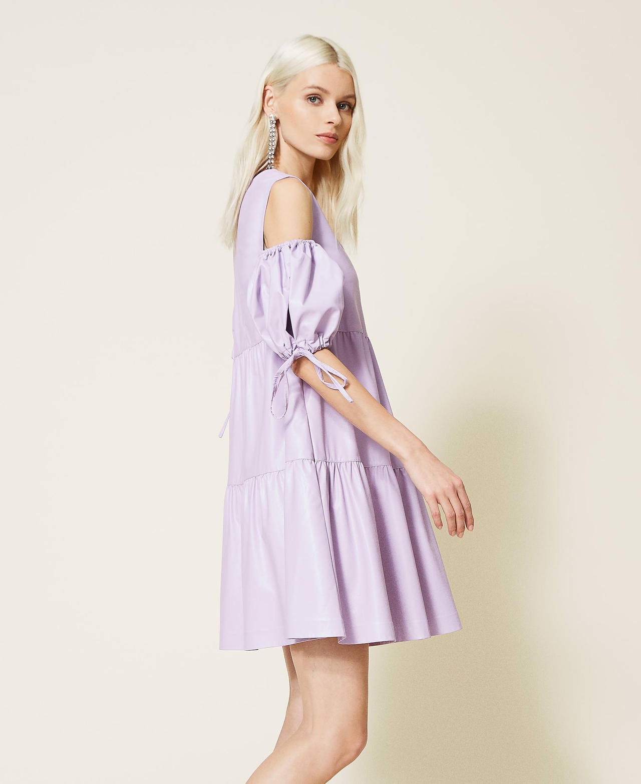 Coated fabric dress with flounces