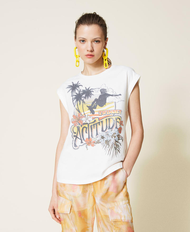 Camiseta con estampado y logotipo Blanco Gardenia Mujer 221AT2182-02