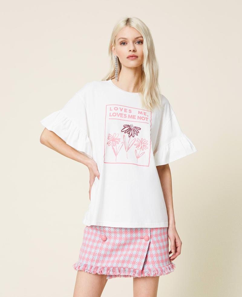 T-Shirt mit Print und Strass Weiß Gardenie Frau 221AT2185-02