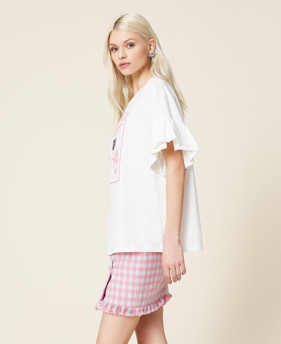 Camiseta con estampado y strass Blanco Gardenia Mujer 221AT2185-03