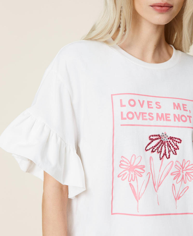 T-Shirt mit Print und Strass Weiß Gardenie Frau 221AT2185-05