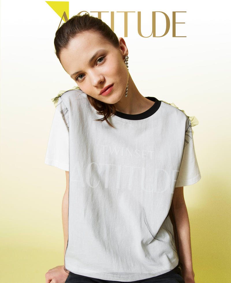 Doubled tulle t-shirt with logo Two-tone Black / Gardenia White Woman 221AT2186-01
