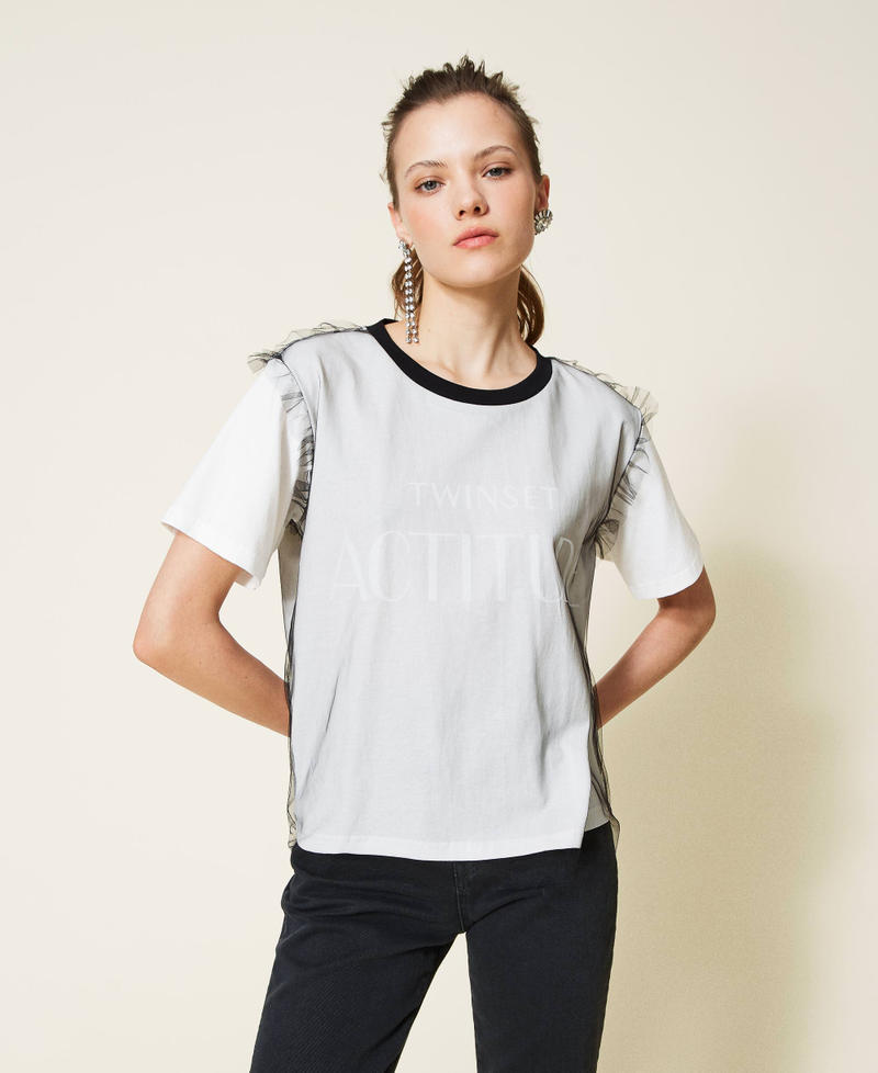 Doubled tulle t-shirt with logo Two-tone Black / Gardenia White Woman 221AT2186-02