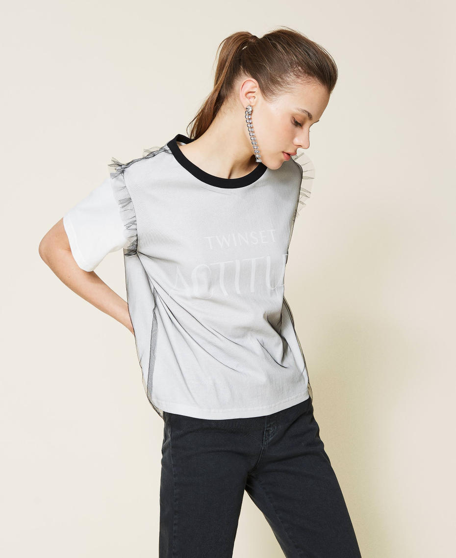 T-shirt doppiata in tulle con logo Bicolor Nero / Bianco Gardenia Donna 221AT2186-04