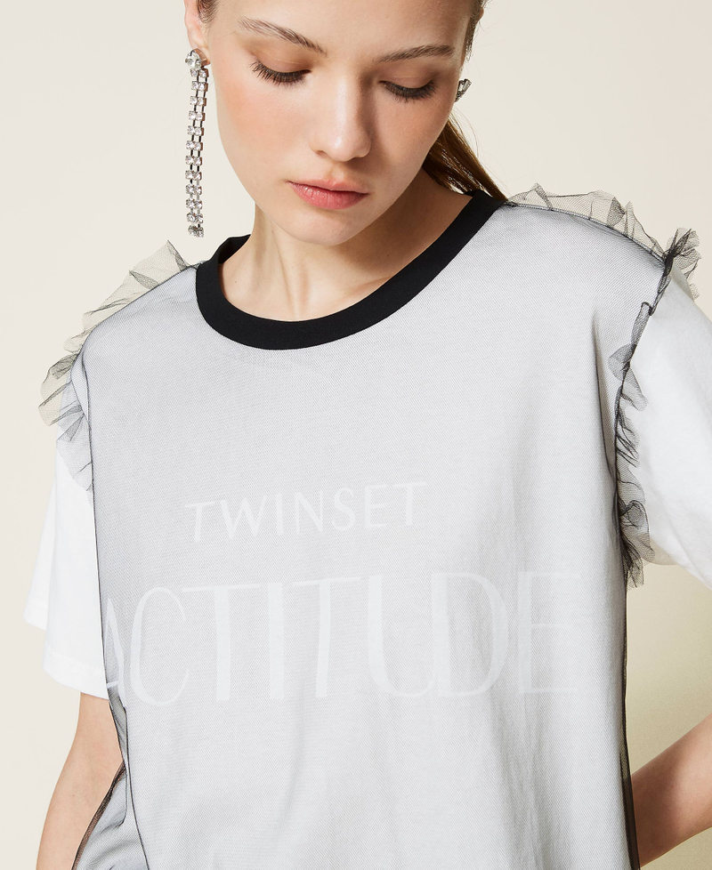 Doubled tulle t-shirt with logo Two-tone Black / Gardenia White Woman 221AT2186-06