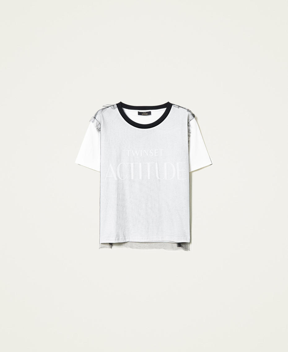 T-Shirt mit Tüllschleier und Logo Zweifarbig Schwarz / Gardenienweiß Frau 221AT2186-0S