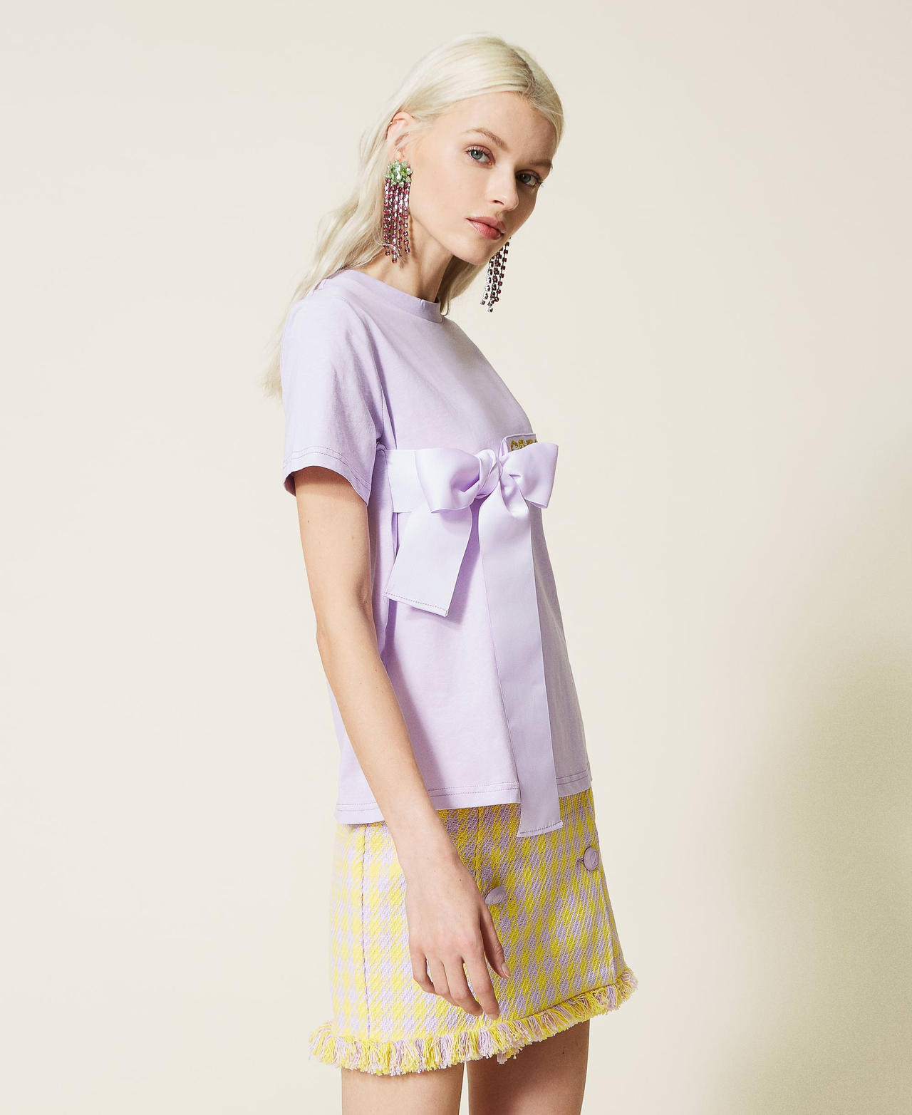 T-Shirt mit Ripsbändern „Pastel Lilac“-Violett Frau 221AT2187-03
