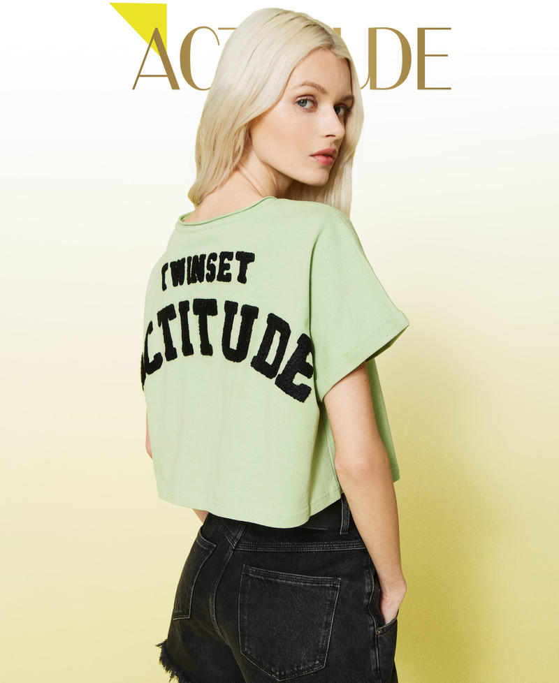 T-shirt cropped con ricamo logo Verde "Misty Jade" Donna 221AT219A-01