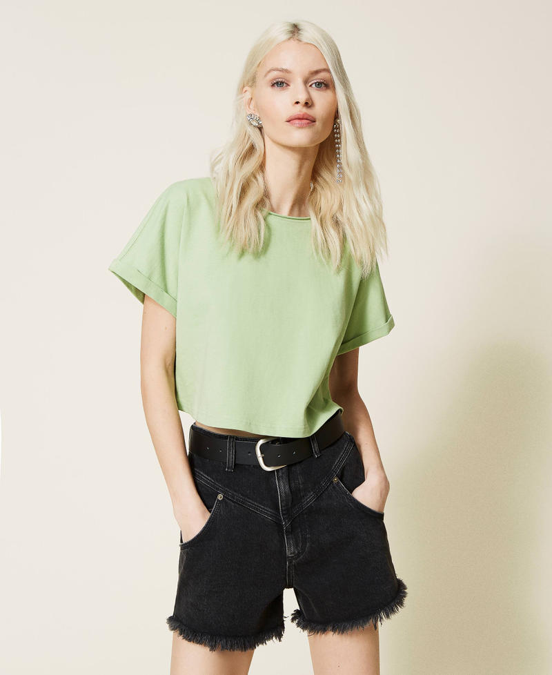 T-shirt cropped con ricamo logo Verde "Misty Jade" Donna 221AT219A-02