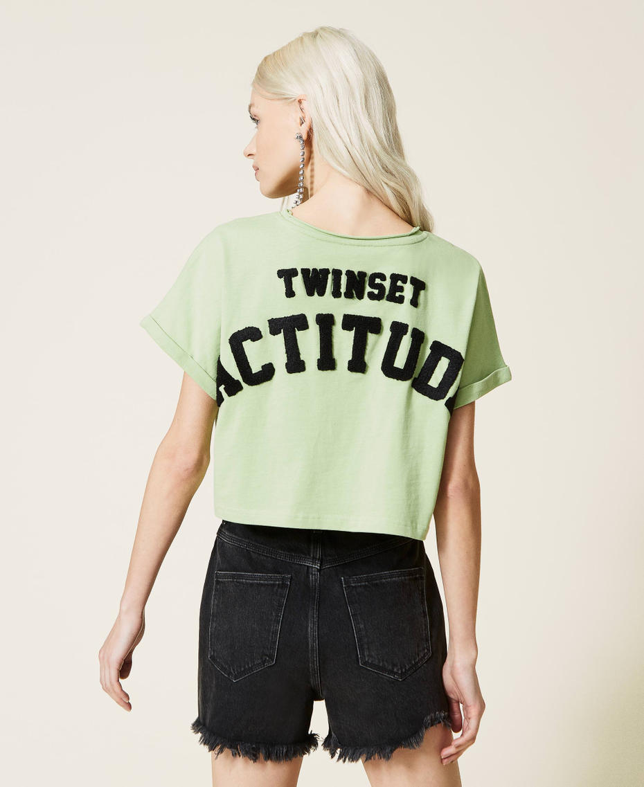 T-shirt cropped con ricamo logo Verde "Misty Jade" Donna 221AT219A-04