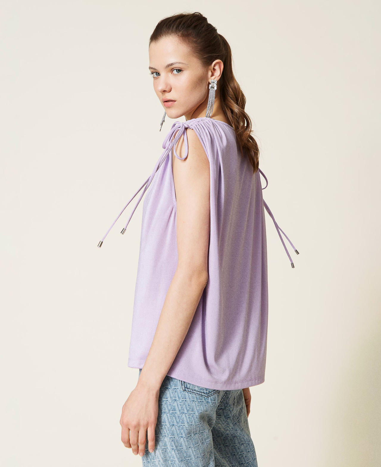 Laminated blouse with drawstring "Pastel Lilac” Woman 221AT2202-03