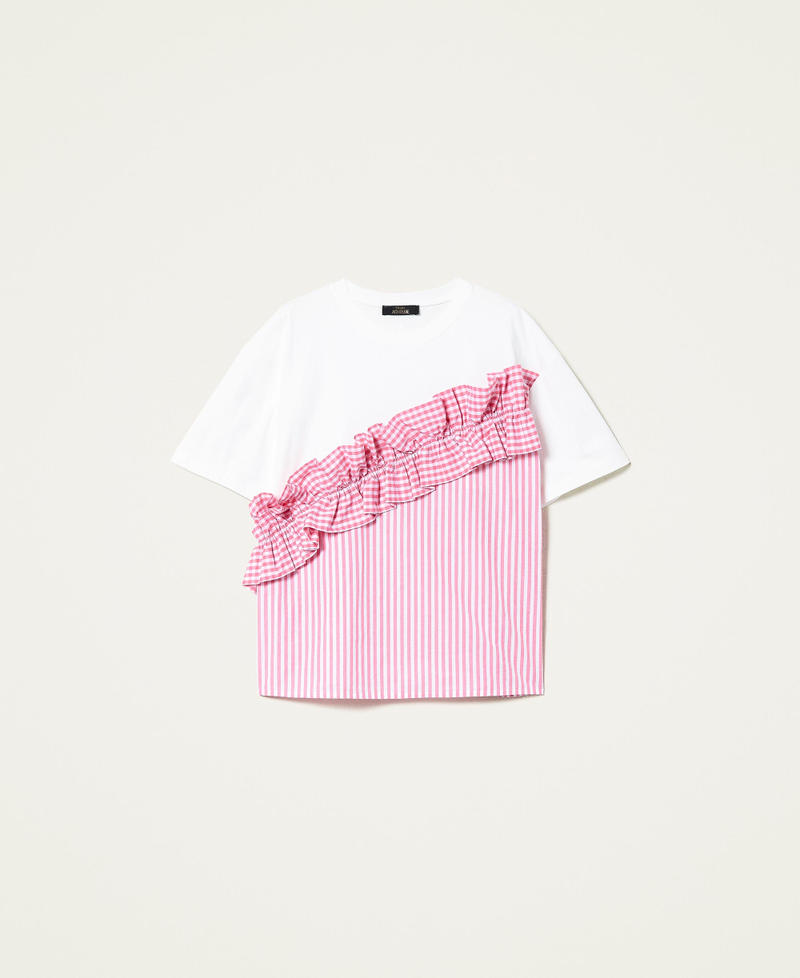 Camiseta con inserción a rayas y Vichy Bicolor Off White / Rosa «Hot Pink» Mujer 221AT2250-0S