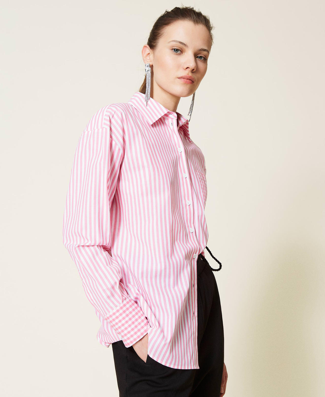 Striped shirt with gingham inserts