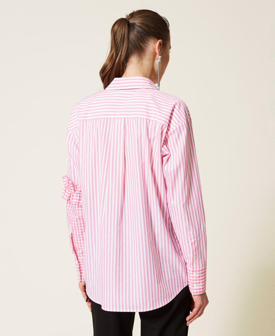 Camisa de rayas con inserciones Vichy Bicolor Off White / Rosa «Hot Pink» Mujer 221AT2251-04