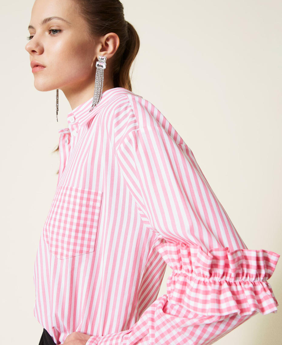 Camisa de rayas con inserciones Vichy Bicolor Off White / Rosa «Hot Pink» Mujer 221AT2251-05