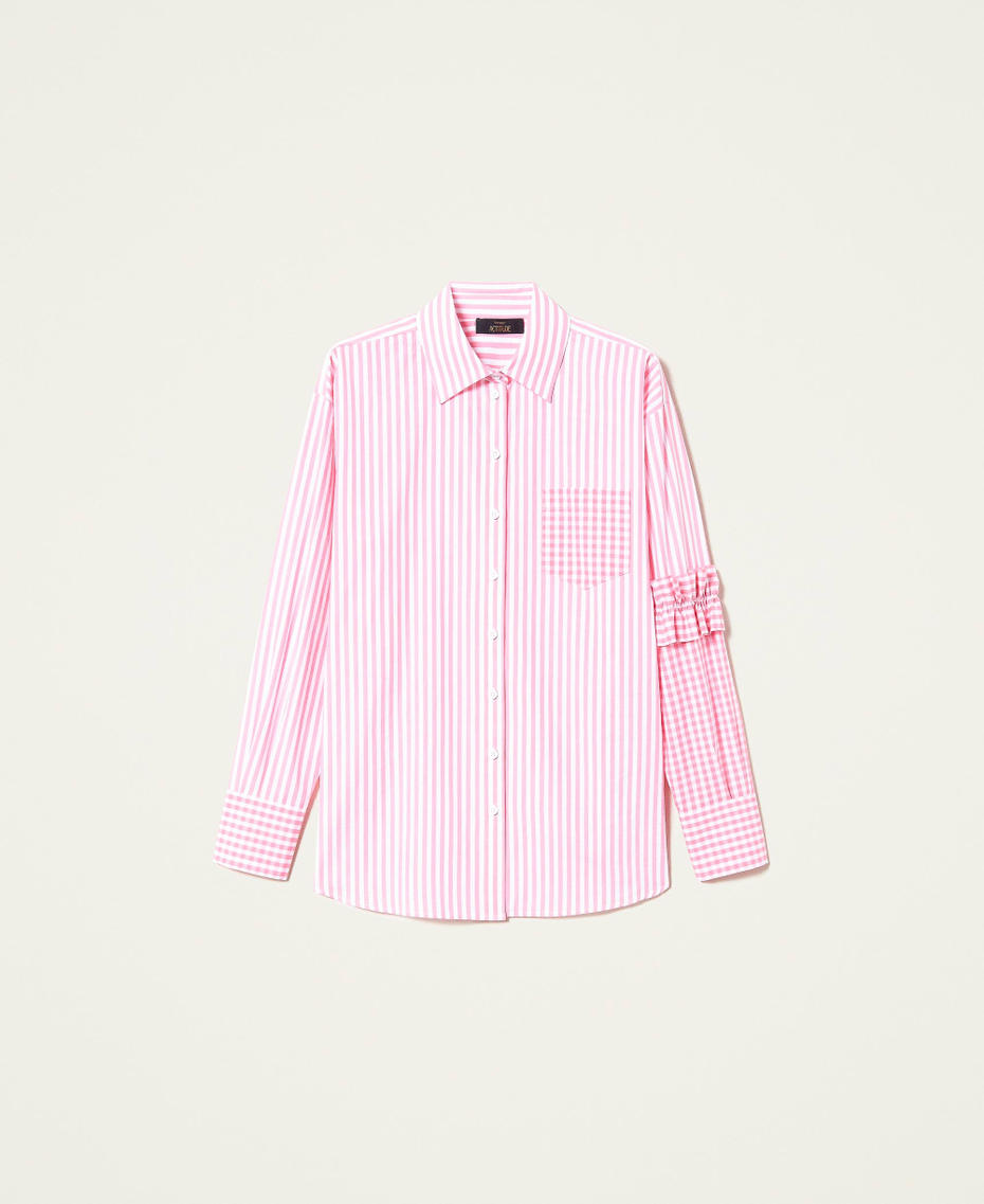 Gestreiftes Hemd mit Vichy-Einsätzen Zweifarbig Off White / „Hot Pink“-Rosa Frau 221AT2251-0S