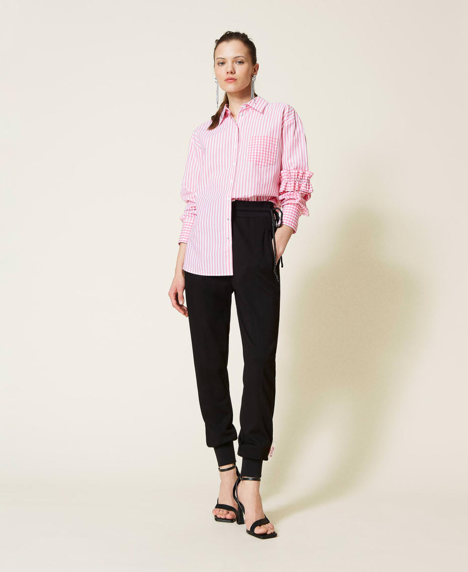 Camisa de rayas con inserciones Vichy Bicolor Off White / Rosa «Hot Pink» Mujer 221AT2251-0T