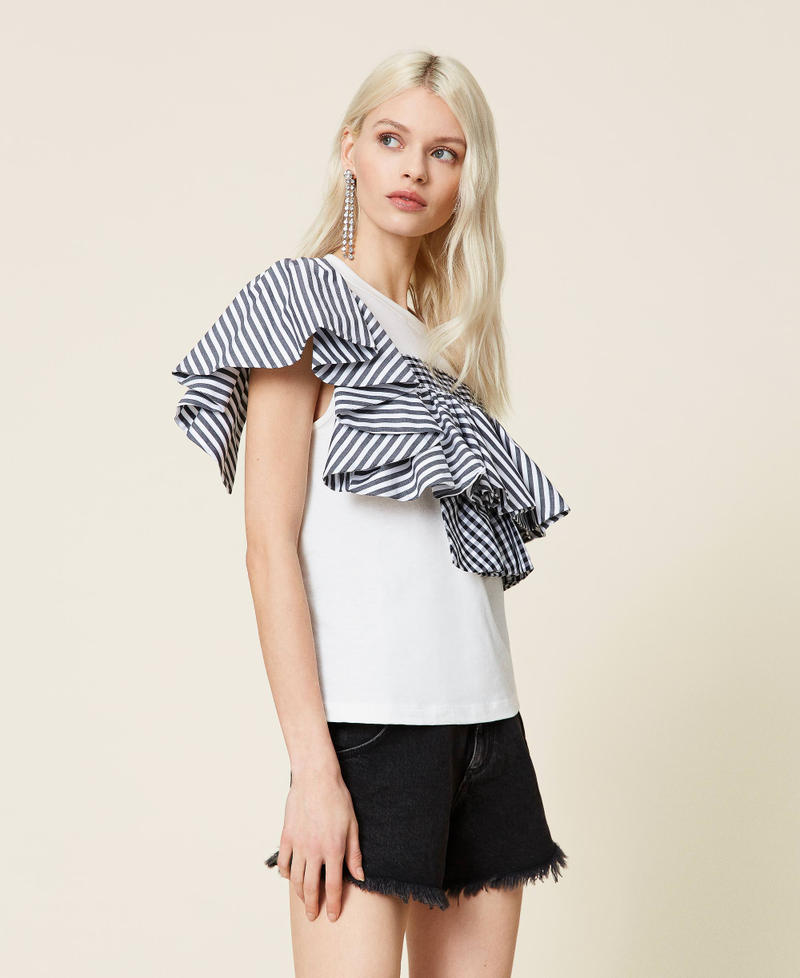 T-shirt with gingham and striped flounces Two-tone Off White / "Hot Pink" Woman 221AT2253-03