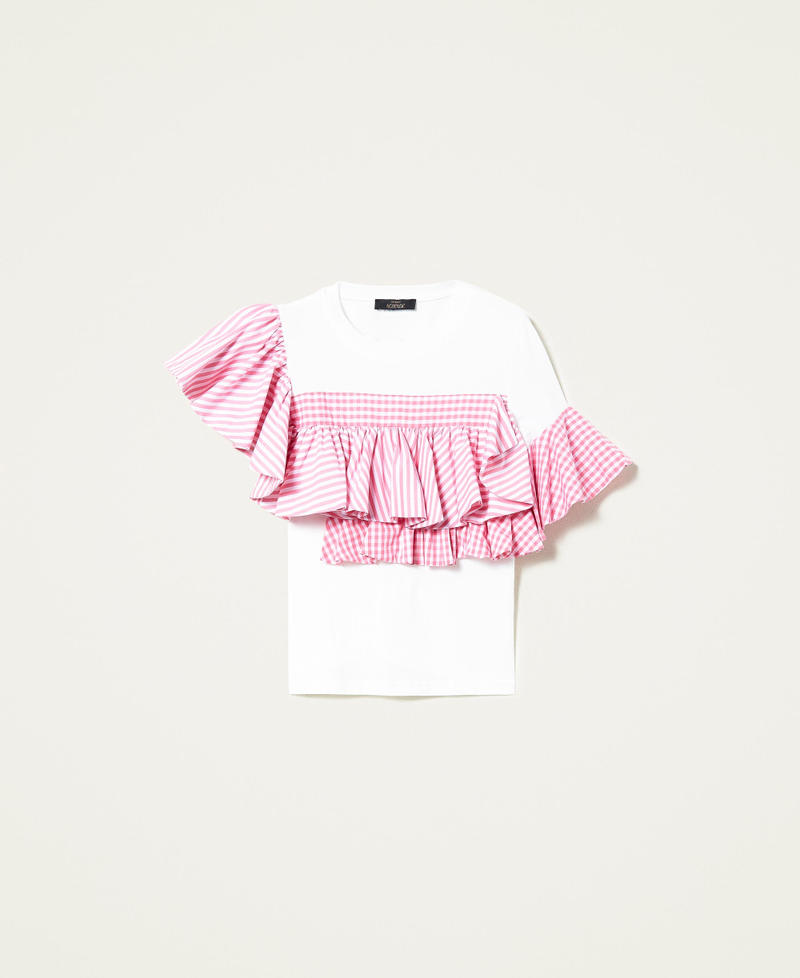 T-Shirt mit Volants mit Vichykaros und Streifen Zweifarbig Off White / „Hot Pink“-Rosa Frau 221AT2253-0S