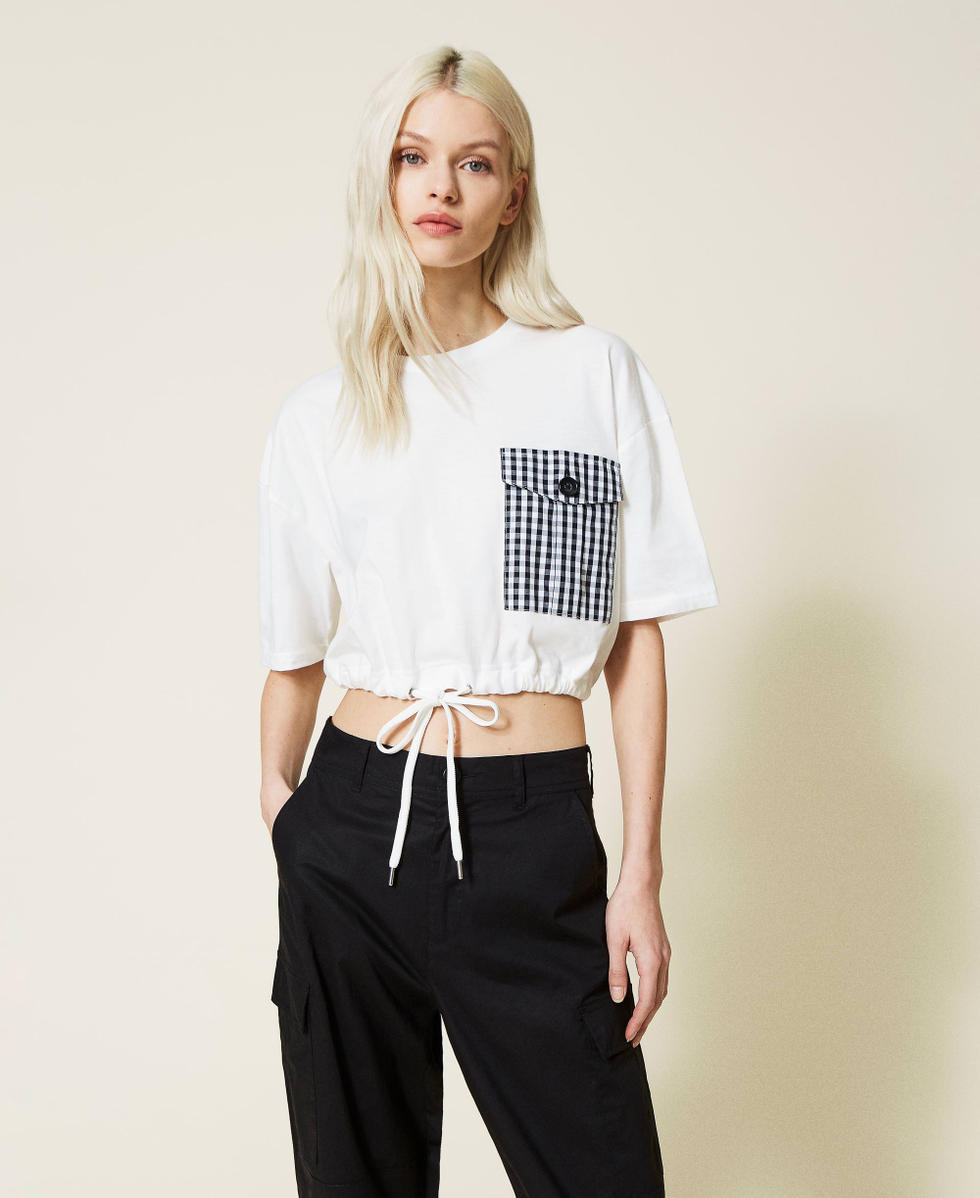 Boxy t-shirt with gingham pocket Woman, White | TWINSET Milano Boxy t-shirt with gingham pocket Woman, White | TWINSET Milano