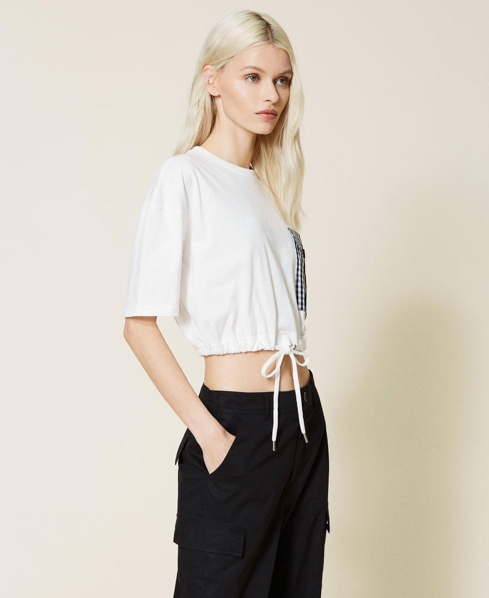 Boxy t-shirt with gingham pocket Woman, White | TWINSET Milano