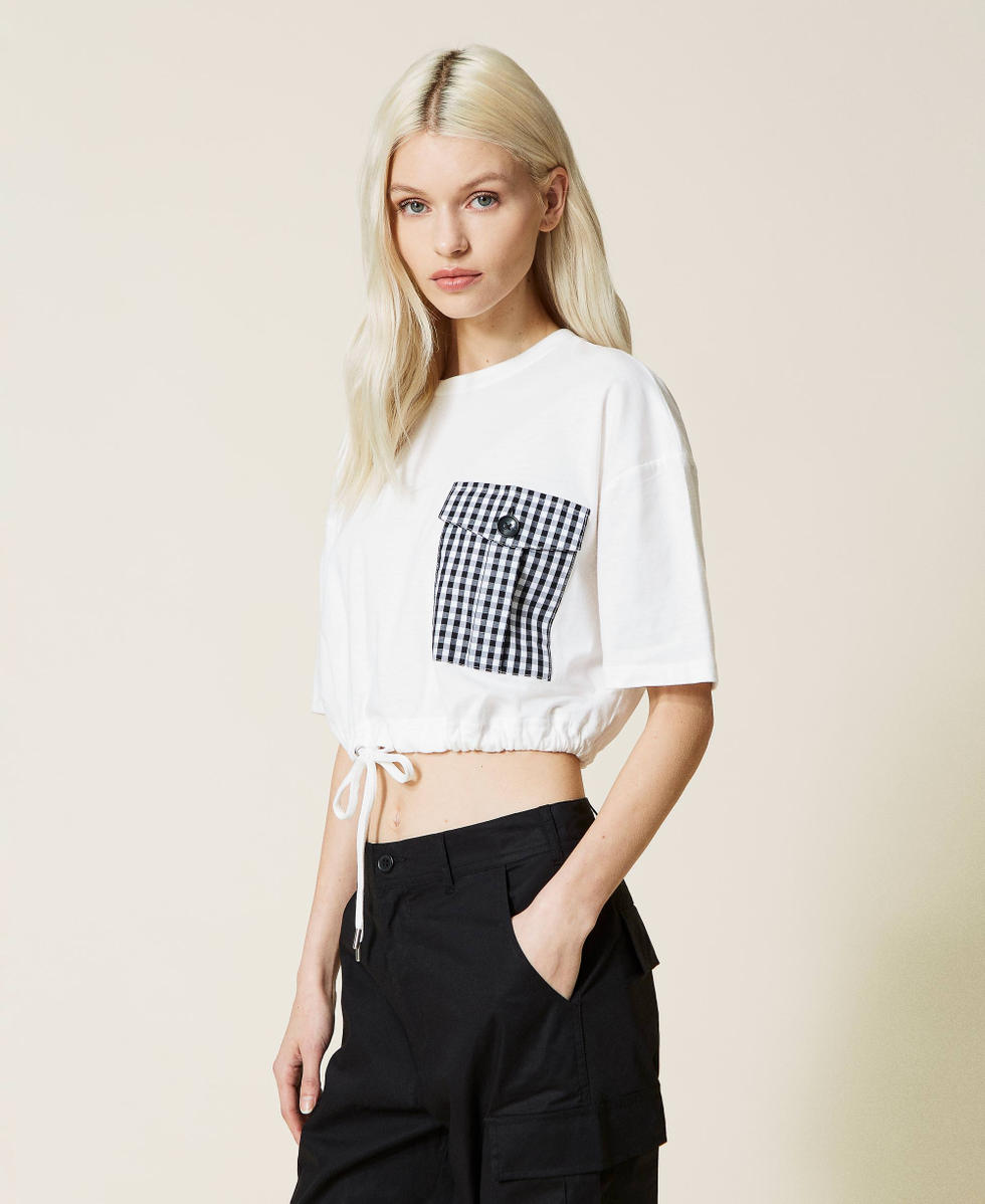 Boxy t-shirt with gingham pocket Woman, White | TWINSET Milano
