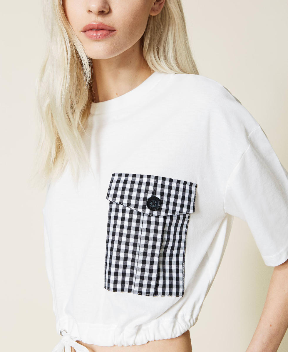 Boxy t-shirt with gingham pocket Woman, White | TWINSET Milano