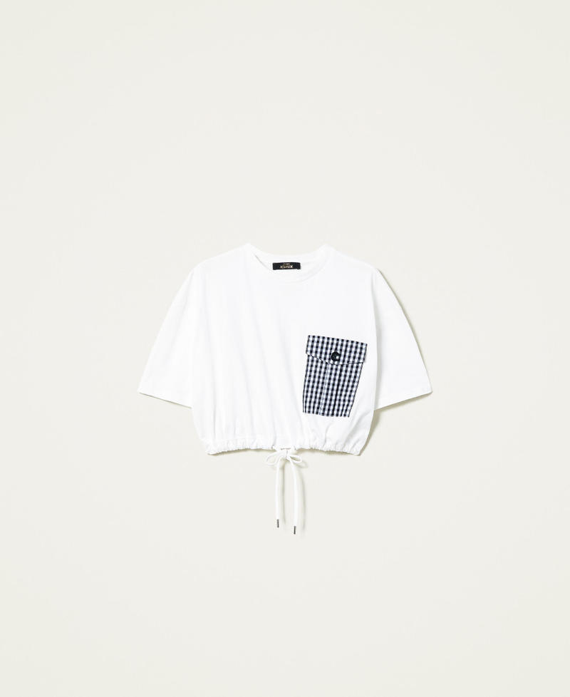Kasten-T-Shirt mit Vichy-Tasche Zweifarbig Off White / Schwarz Frau 221AT2254-0S