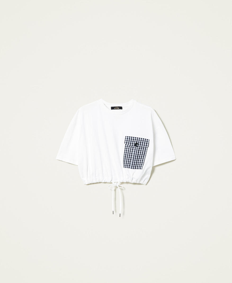Boxy t-shirt with gingham pocket Woman, White | TWINSET Milano Boxy t-shirt with gingham pocket Woman, White | TWINSET Milano