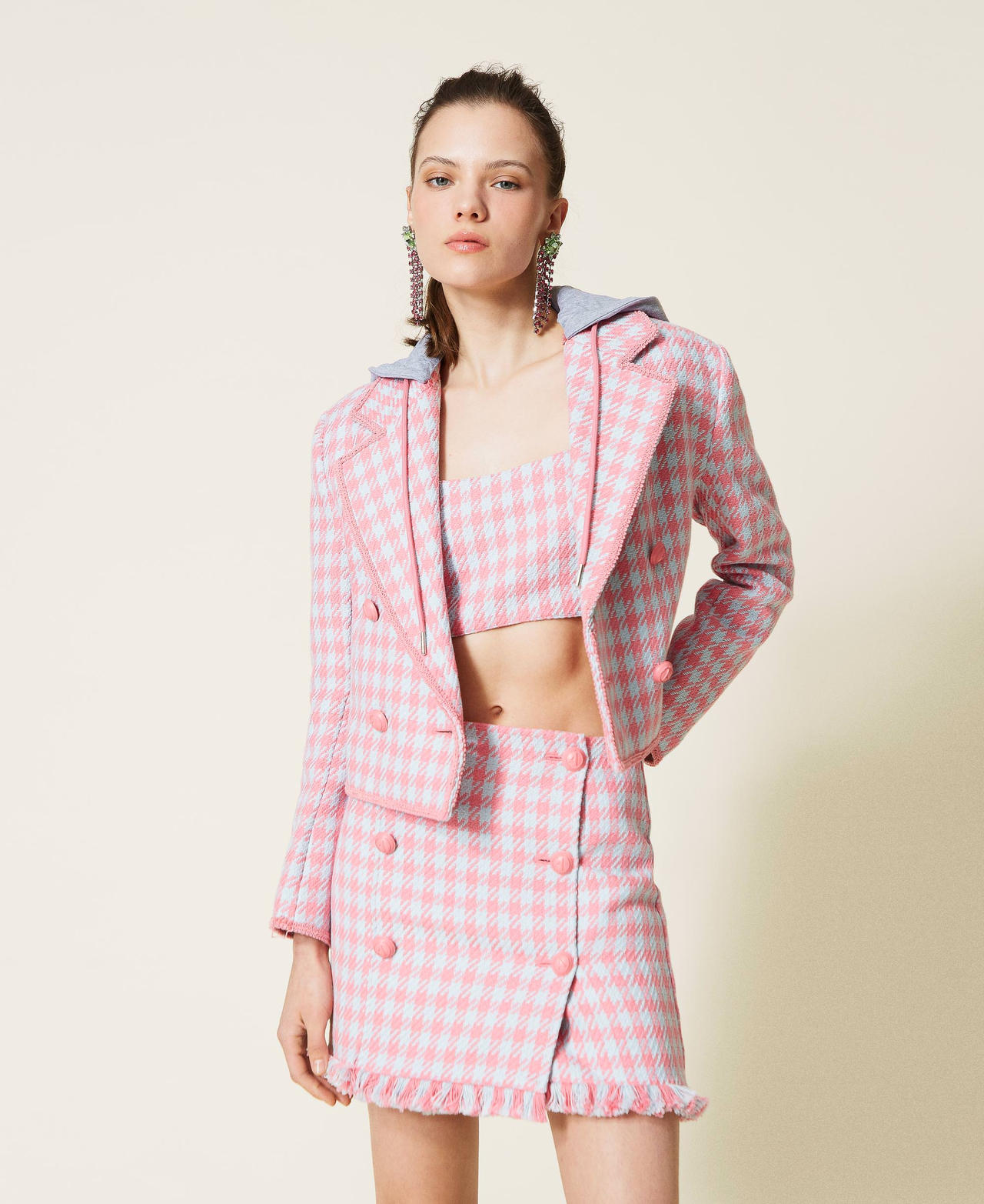 Houndstooth jacket “Hot Pink” / “Angel” Light Blue Houndstooth Woman 221AT2271-02