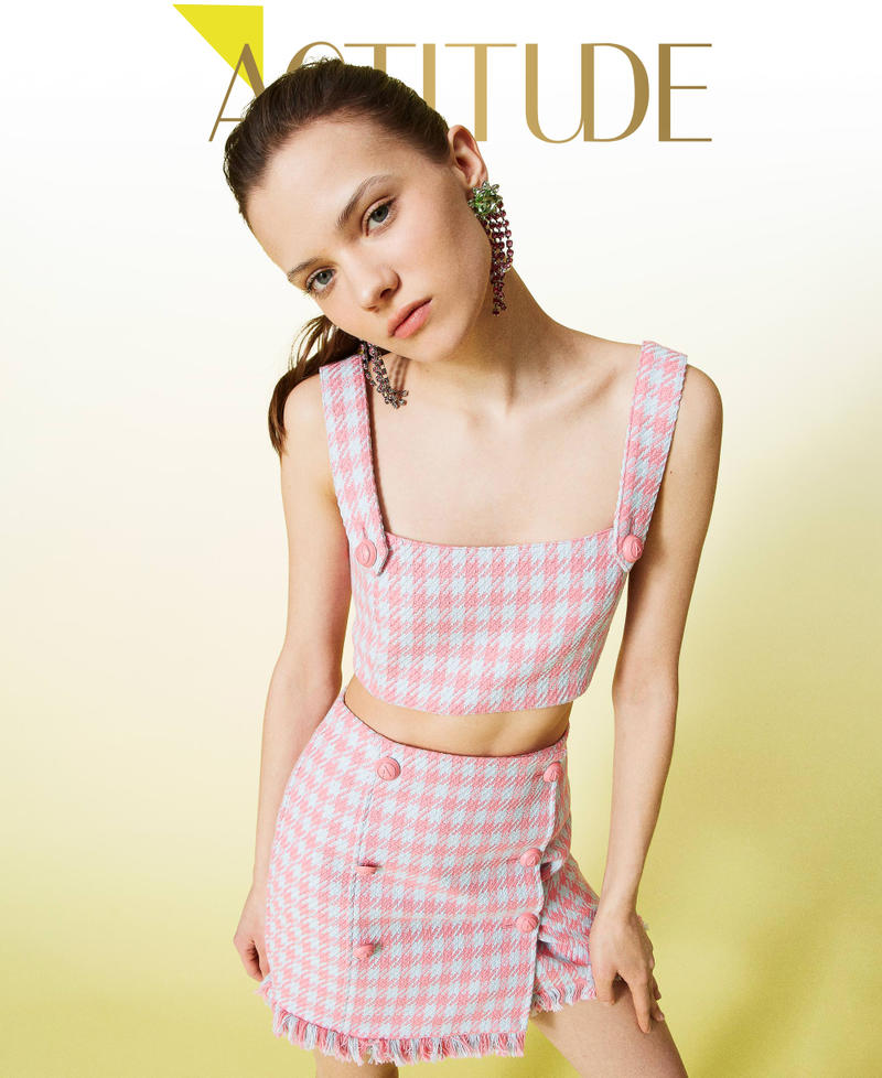 Houndstooth cropped top “Hot Pink” / “Angel” Light Blue Houndstooth Woman 221AT2272-01