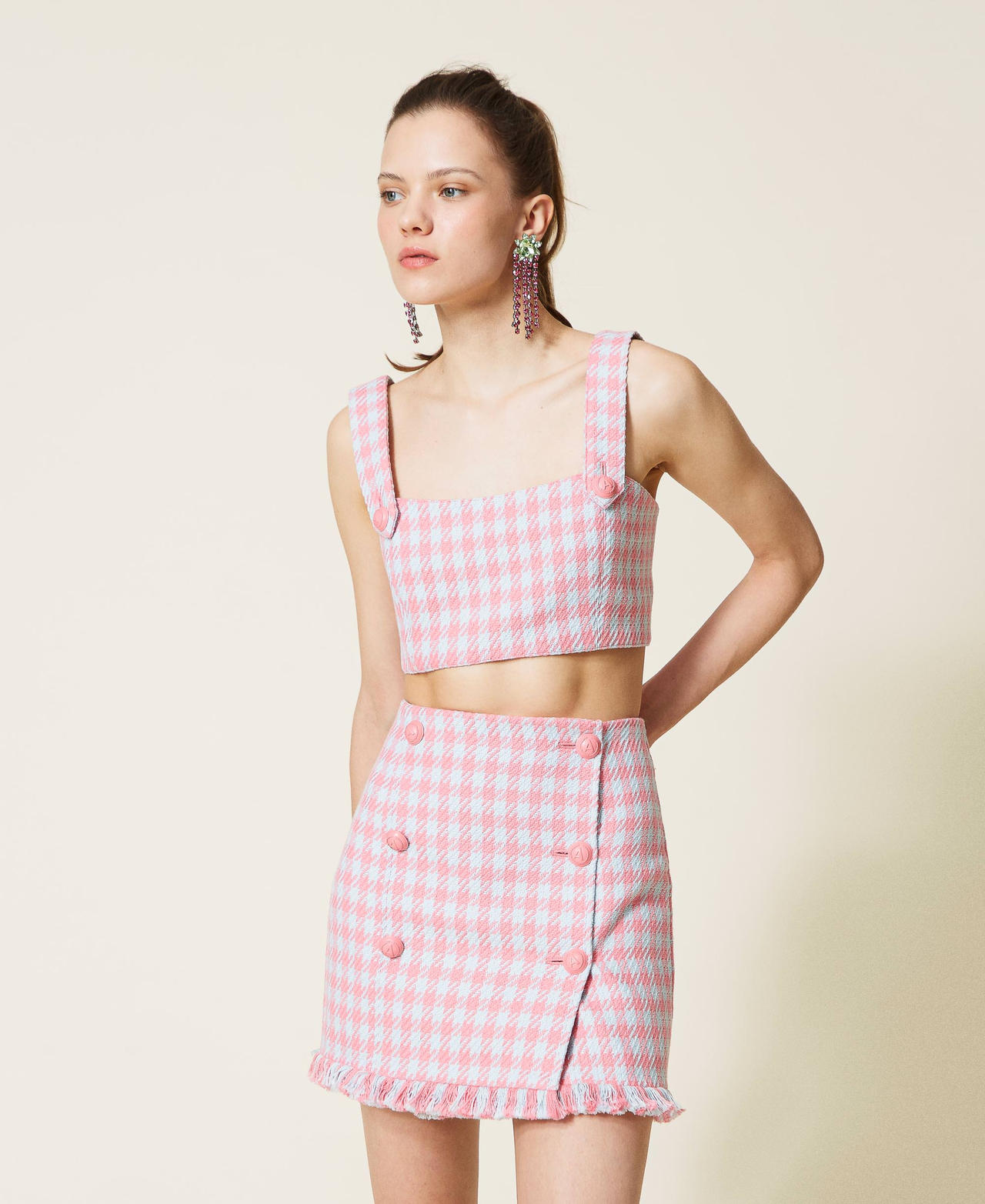 Houndstooth cropped top “Hot Pink” / “Angel” Light Blue Houndstooth Woman 221AT2272-02