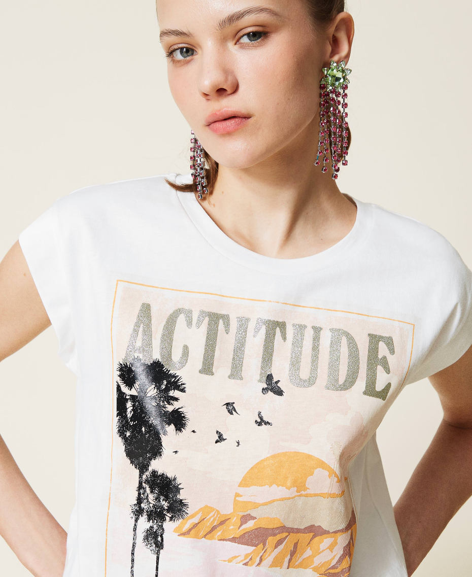 T-shirt regular con stampa e glitter Bianco Gardenia Donna 221AT2284-05