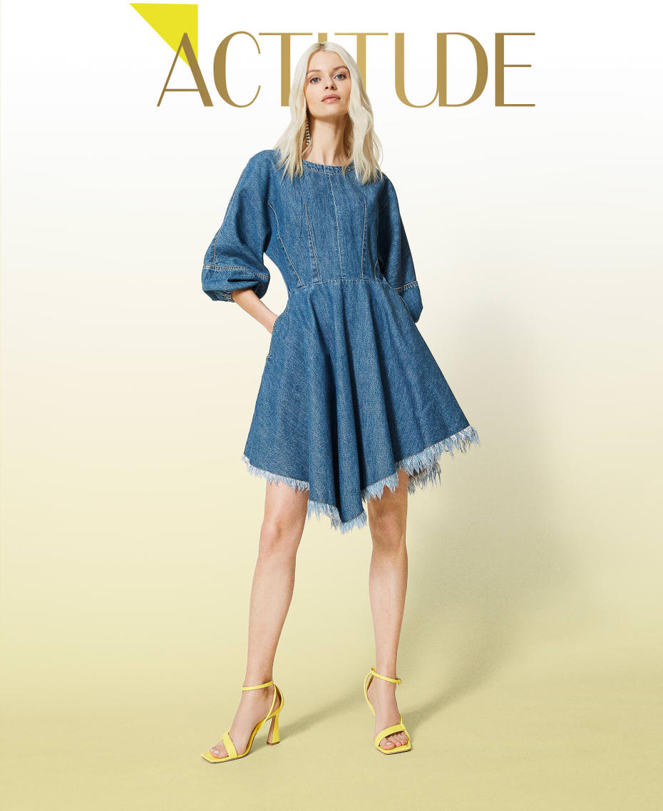 Denim dress with frayed hem