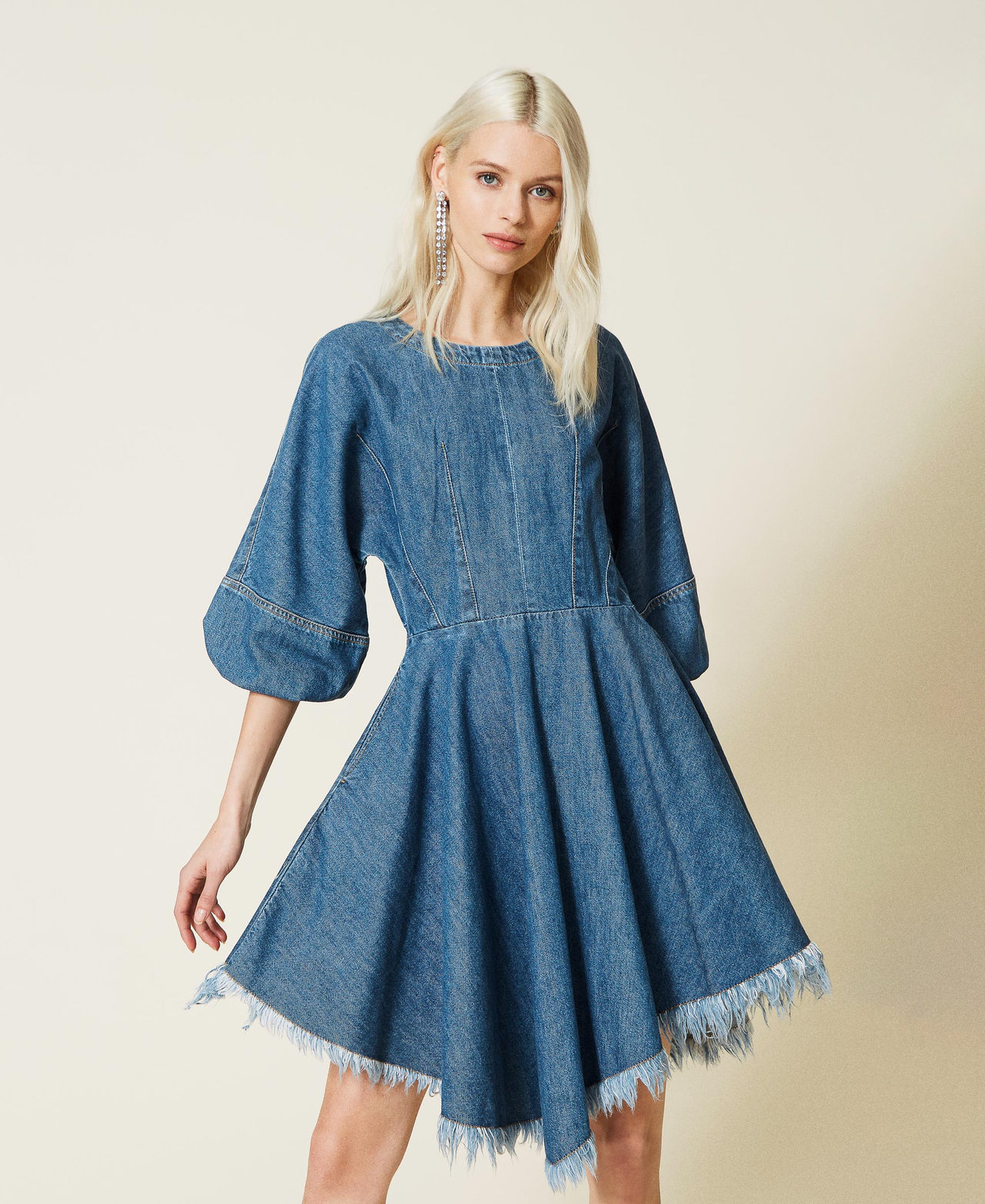 Denim dress with frayed hem