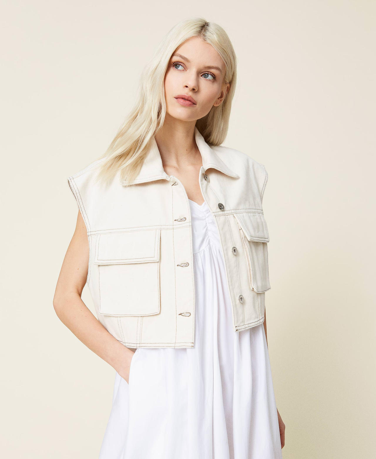 Organic cotton waistcoat Pale Cream Woman 221AT2334-02